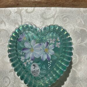 Fenton Heart Glass jewelry holder with Green and Purple Floral Design